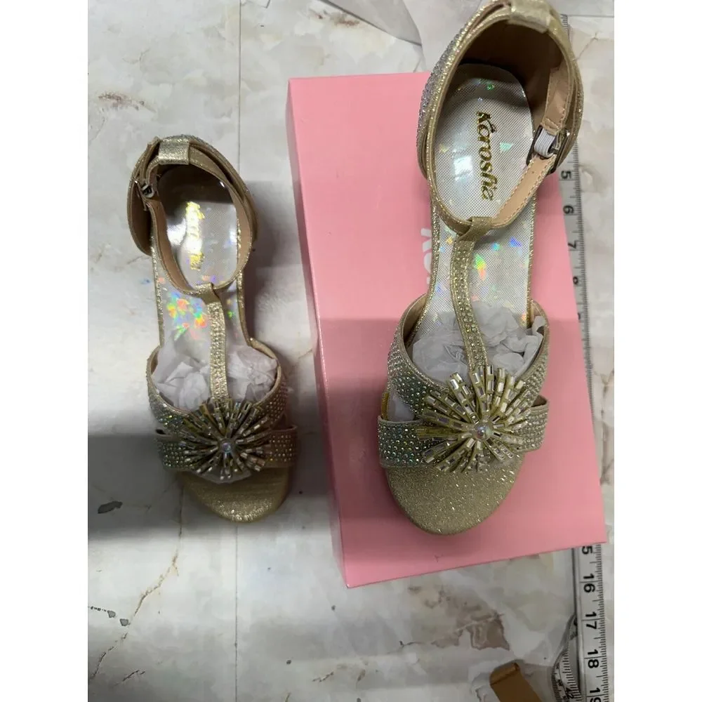 K Crosha  Big Girl's Mid Hell‎ Sandal Rhinestone Gold 4MT New !